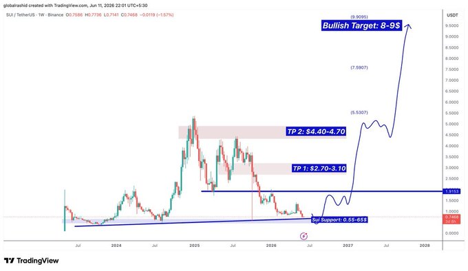 A trading chart is displayed, showing a bull market trend for SUI currency against the $0.80 support level. The chart demonstrates that the SUI currency has lost its support level but still shows some potential growth. The next major support zone spans from $0.55 to $0.65, and a few points above this range indicate a possible upward trend in price. For holders of SUI, it is advised to exercise patience and not rush into a position at the moment. On the other hand, for those who wish to build their positions, they should pay attention to areas like $0.5 and monitor the potential rise of prices as indicated by the chart.