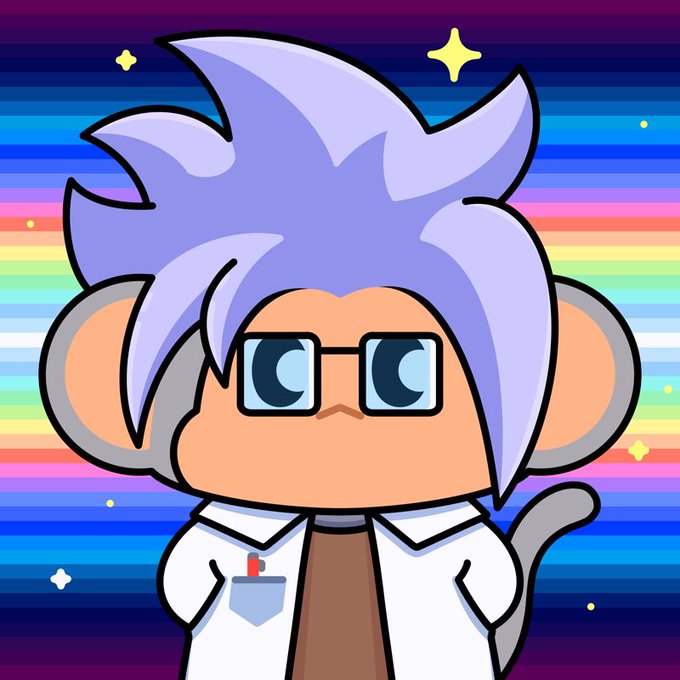 A cute cartoon monkey character with purple hair, glasses, and a white lab coat (with a pocket containing what appears to be a test tube or marker) stands against a vibrant rainbow-striped background with sparkle accents, representing a "Chimper" NFT character in a scientist style that ties into the "Chimple" branding and the limited NFT collection mentioned.