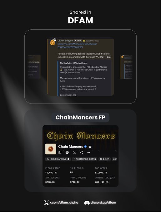 A promotional graphic shared in DFAM featuring a tweet about the Slopfather and ChainMancers NFT project, showing a floor price of $1,672.47 and 24h volume of $748.4K.