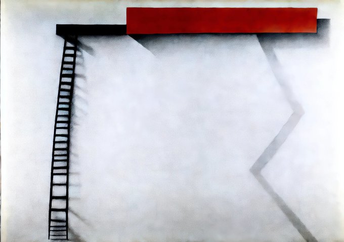 A minimalist abstract painting featuring a red horizontal rectangle at the top, a gray ladder-like structure descending on the left, and a chevron shape on the right, all set against a hazy white background.