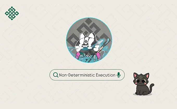 A cartoon-style graphic featuring a white dog character with the text 'Non-Deterministic Execution' in a search bar, alongside a small black cat illustration.