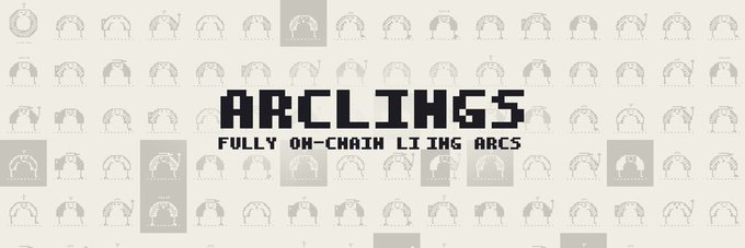 A promotional image featuring the pixelated text "ARCLINGS" and the tagline "FULLY ON-CHAIN LIFING ARCS" set against a patterned background of small robot-like NFT characters in varying poses, matching the project's identity as a 1-bit on-chain NFT collection.