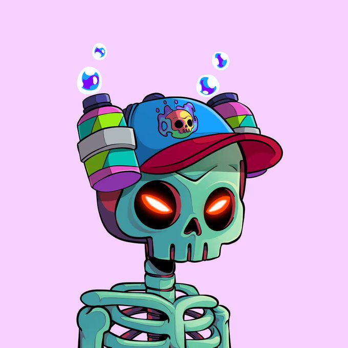 A cartoon illustration of a teal skeleton with glowing orange eyes, wearing a colorful backward baseball cap, with small flames floating above its head against a light purple background.