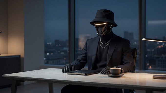 The image shows a futuristic figure wearing a dark suit, bucket hat, and mechanical mask with a glowing visor, sitting at a marble desk with a coffee cup and tablet against a dim city skyline at night.

The image reinforces the post's message about rejecting the pressure to constantly do more—the solitary, masked figure embodies the idea of deliberate restraint and ignoring external noise in favor of a focused, original identity.