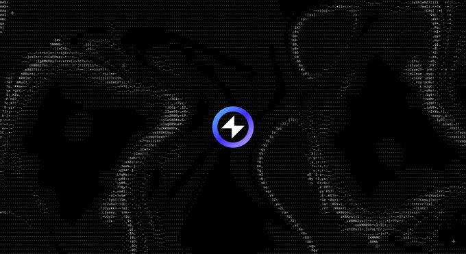 A black background with cascading code/matrix-like text forming a silhouette, centered with a circular blue and purple logo containing a lightning bolt symbol.