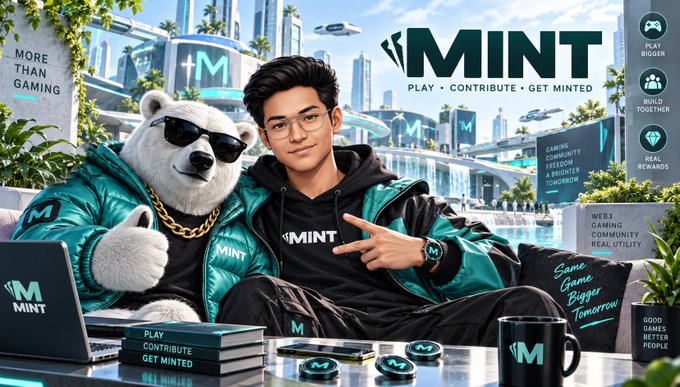 Promotional banner for 'MINT' featuring a young man in a teal jacket posing with a white bear wearing sunglasses and a gold chain, with text reading 'PLAY • CONTRIBUTE • GET MINTED' and 'More than gaming.'