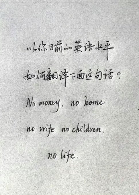 Handwritten text on paper that reads: 以你目前的英语水平如何翻译下面这句话？ followed by "No money. no home no wife. no children. no life."