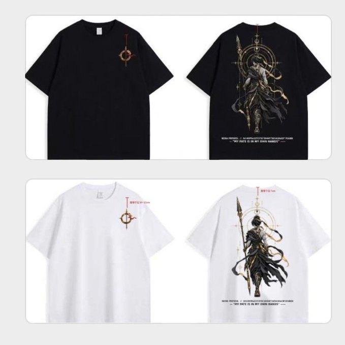 Black and white t-shirts featuring a small front cross logo and a large back graphic of a warrior figure with a spear, captioned with text including 'NEON PRAYERS' and 'THEY HATE US ON MY OWN TERMS'.