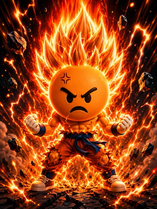 A fierce, muscular character with spiky flame-like hair, wearing an orange martial arts uniform and an angry emoji face, standing in a wide stance surrounded by intense flames and flying debris.