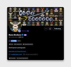 A Twitter profile page for "Rune Brokers" (@runebrokers) with 2,500+ followers, showing a header filled with pixel-art OSRS-style character icons surrounding a central wizard sprite, promoting the account's upcoming degen token launch on Robinhood through Anvil AMM with 5,000 hand-pixeled brokers.