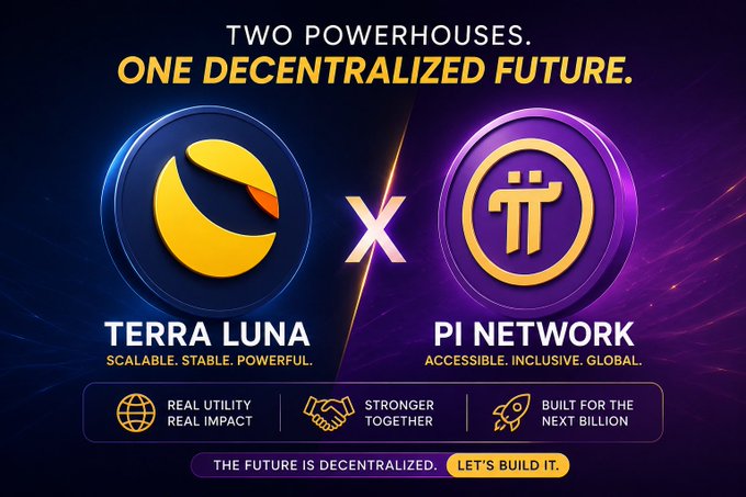 The image shows two logos, one for Terra Luna (a cryptocurrency) and another for Pi Network (a blockchain). The text above the logos reads "Two powerhouses. One decentralized future." This suggests that Terra Luna and Pi Network are both aiming to create a more centralized and secure future in the world of cryptocurrencies.