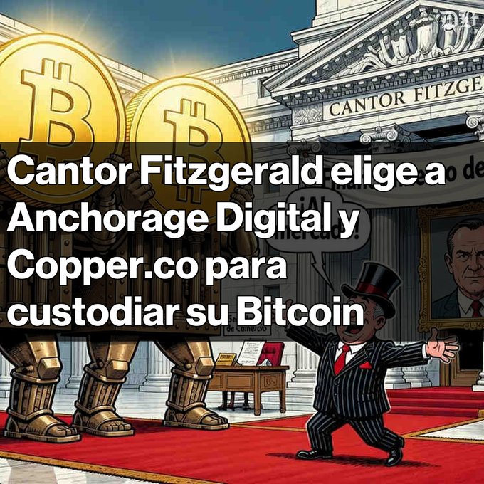 A Spanish-language graphic reads 'Cantor Fitzgerald elige a Anchorage Digital y Copper.co para custodiar su Bitcoin' over an illustration of guards with Bitcoin shields and a man in a top hat near a building labeled 'CANTOR FITZGE'.