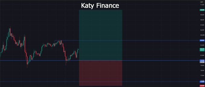 A candlestick chart titled "Katy Finance" shows price action consolidating around the key $80 level, with a highlighted rectangular zone (green above $80, red below) marking the critical support/resistance area. The chart visually supports the post's observation about price reaching and consolidating at the $80 threshold, where potential position unwinding could determine the next directional move.