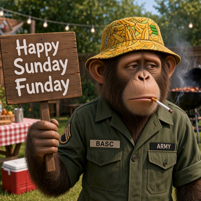 A chimpanzee wearing a yellow banana-patterned bucket hat and an olive green army shirt with "BASC" and "ARMY" patches holds a wooden sign reading "Happy Sunday Funday" while smoking a cigarette at an outdoor barbecue.
