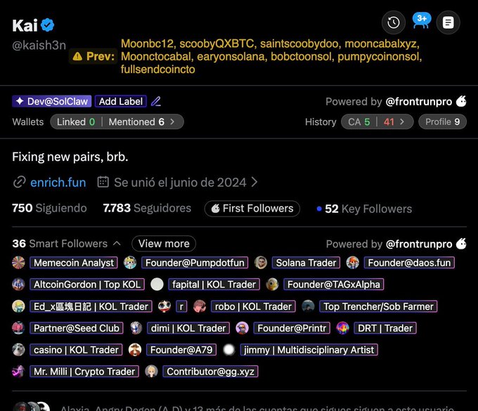 The image shows a Twitter profile analysis for Kai (@kaish3n), highlighting red flags including 41 previous rug pulls, 10 username changes, and 6 mentions linked to suspicious accounts like Moonbc12, scoobyQXBTC, and mooncabakxyz. The post uses this profile data to warn followers about Kai's history of scams, implying that buying $BULLSCAN will result in lost $SOL investments.