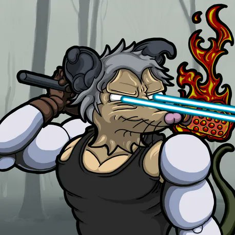 A cartoon illustration of a muscular anthropomorphic dog character with gray hair shooting blue laser beams from its eyes, with flames and what appears to be a pepperoni pizza in the background.