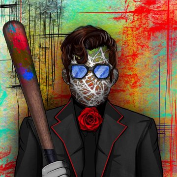 A stylized digital illustration of a man in a dark suit wearing a white mesh mask and blue sunglasses, holding a paint-splattered baseball bat, with a red rose on his lapel.