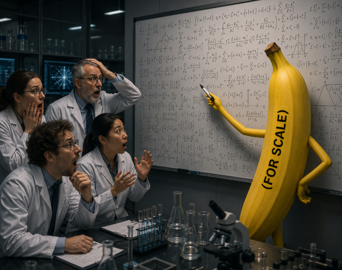 A team of stunned scientists in lab coats react in shock as a giant anthropomorphic banana labeled "(FOR SCALE)" points confidently at a chalkboard covered in complex equations, humorously illustrating the post's punchline that the banana's claim turned out to be correct after all.