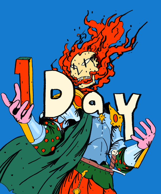 A vibrant illustration of a fiery skeleton warrior holding a '1' with the text '1 Day' in bold letters.