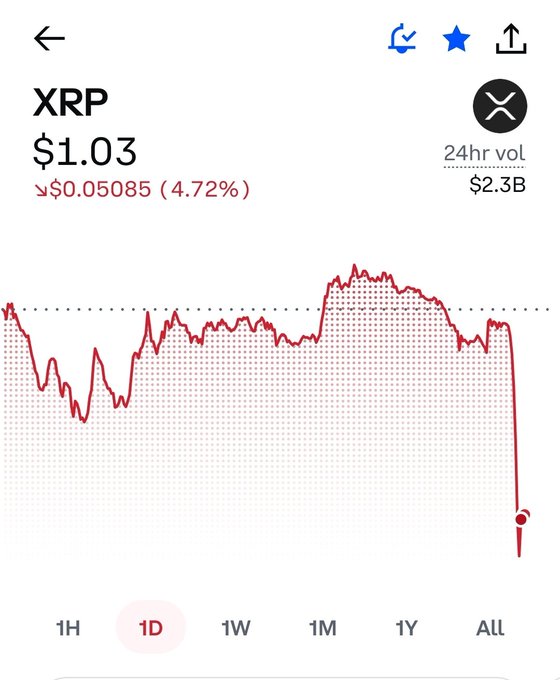 A mobile screenshot of XRP's 1-day price chart shows the token at $1.03, down 4.72% ($0.05085) with a 24-hour volume of $2.3B, featuring a sharp recent price drop. The chart visually supports the post's complaint about the cryptocurrency's price falling sharply despite the poster's optimism about loading up on more XRP.