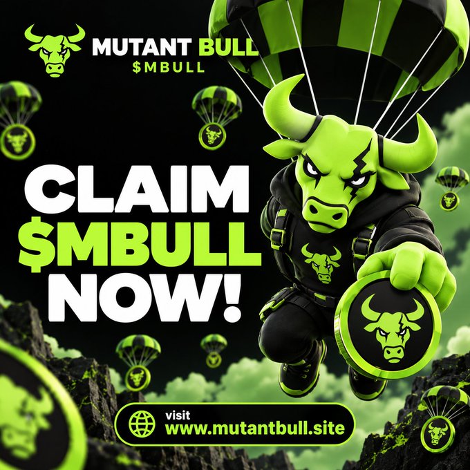 A black-and-neon-green promotional graphic for “MUTANT BULL” ($MBULL) shows a cartoon bull parachuting with branded tokens and the bold text “CLAIM $MBULL NOW!” and “visit www.mutantbull.site.” The accompanying post invites users to drop their $SOL address, retweet, and follow to participate in a giveaway for the first 2,500 active engagers.