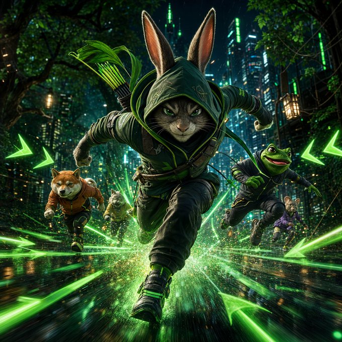 An anthropomorphic cat wearing a green hooded outfit and carrying a quiver of arrows runs forward, followed by a dog and a frog in a neon-lit city street.