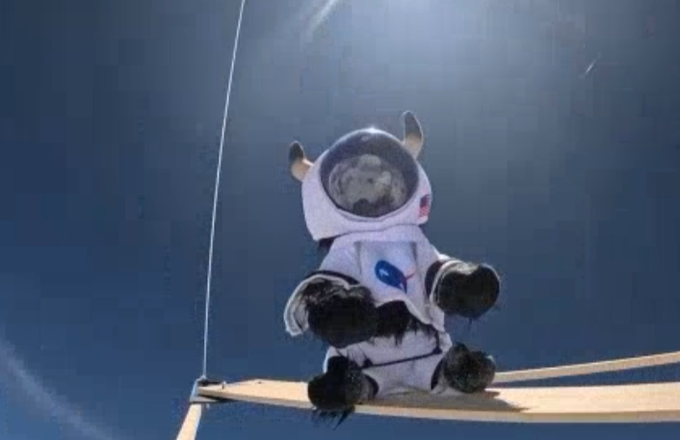 A stuffed animal dressed in a NASA astronaut suit sits perched on what appears to be a tightrope or wire against a clear blue sky, with Earth's reflection visible in its helmet visor—capturing the playful "to the moon" spirit referenced in the post about $MOONBULL.