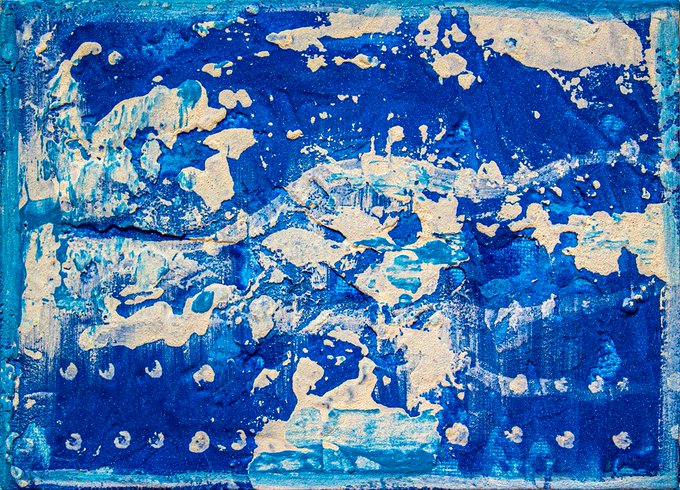 An abstract painting with a heavily textured surface featuring deep blue, turquoise, and metallic gold or bronze patterns that resemble a map or landscape.