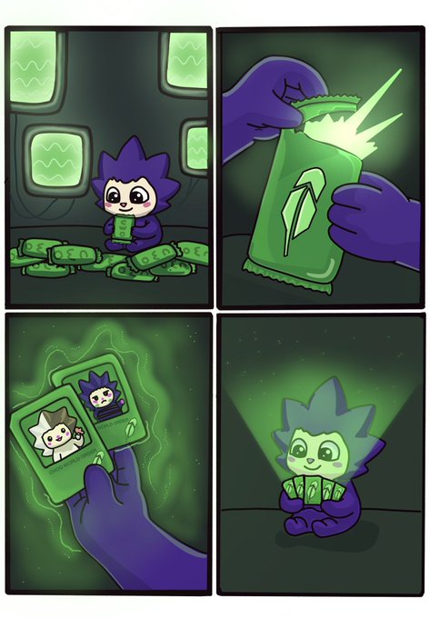 A four-panel digital comic featuring a purple spiky-haired character surrounded by glowing green snacks, opening a glowing wrapper, holding up collector cards, and finally contentedly holding the treats.