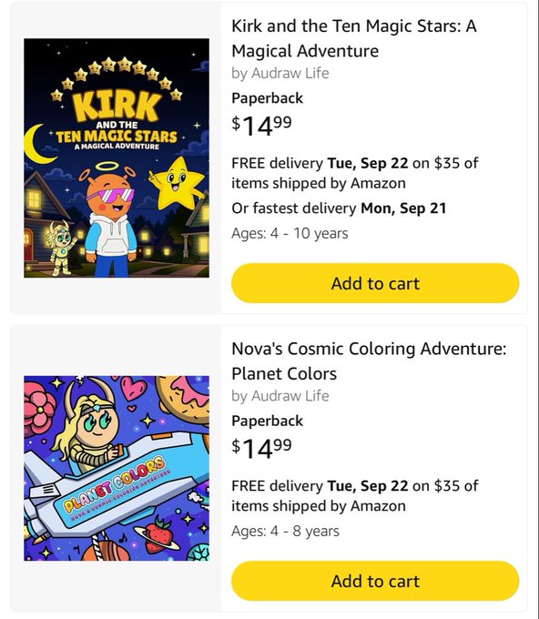 An Amazon product listing showing two children's paperback books by Audraw Life: 'Kirk and the Ten Magic Stars: A Magical Adventure' and 'Nova's Cosmic Coloring Adventure: Planet Colors', each priced at $14.99.