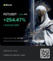 A promotional post from "FET/USDT" community showcasing a daily gain of +254.47% (+$14,830.00), featuring a hooded character image and inviting viewers to join their VIP trading group to capitalize on the bull run.