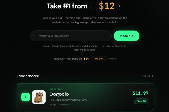 A webpage showing a bidding interface titled 'Take #1 from $12' with a leaderboard featuring 'Dogcio - The Dog Economy Starts Here.' at rank 1 with $11.97.