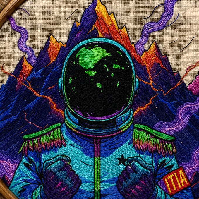A colorful embroidered artwork of an astronaut with a dark, Earth-like helmet visor and a blue and green suit, set against a vibrant backdrop of purple mountains, orange flames, and lightning, with an "ITIA" tag in the corner.