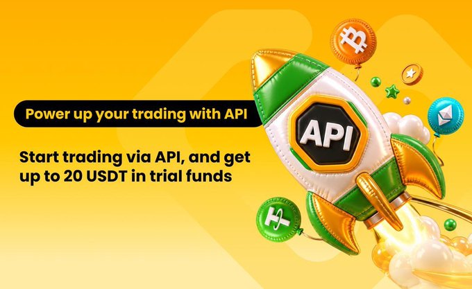 A cartoon rocket emblazoned with "API" blasts off alongside Bitcoin and other crypto coins, promoting the WEEX campaign with text reading "Power up your trading with API" and "Start trading via API, and get up to 20 USDT in trial funds," visually reinforcing the post's call to action to join before the Oct. 6 deadline.