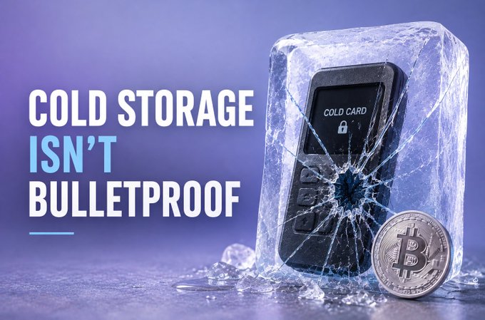 Marketing image with text 'COLD STORAGE ISN'T BULLETPROOF' showing a hardware wallet inside shattered ice alongside a Bitcoin coin.
