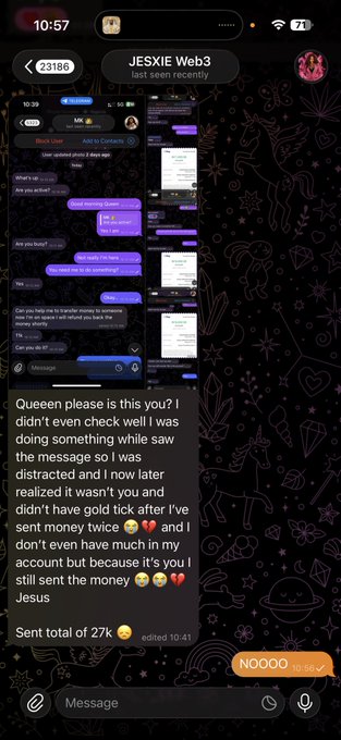 A screenshot of a Telegram chat with user "JESSIE Web3" (seen recently) showing messages discussing a scam, where someone claims they were tricked into sending money twice—totaling 27K—and asks "Queen please is this you?" illustrating the warning about an impersonator using the real account holder's name to defraud people like "jes_xie" of 27K.