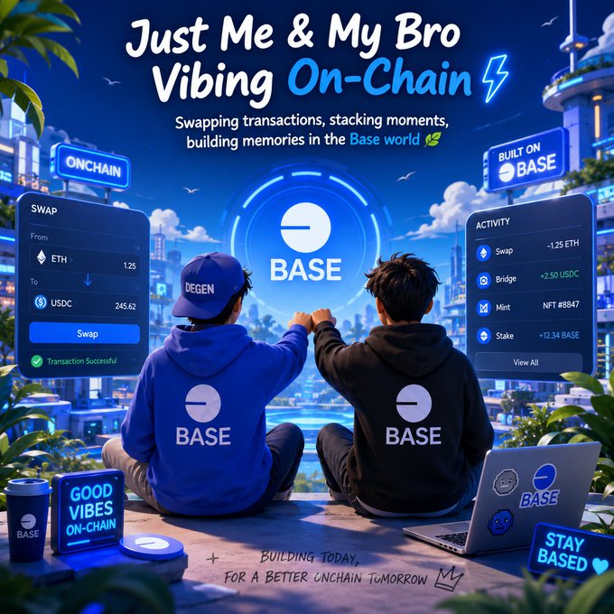 The image features two people sitting next to each other with their arms around each other's shoulders, both wearing blue sweatshirts that say "Base" on them. They are surrounded by various objects such as a laptop, a book, and some plants. The background of the image is filled with buildings and logos related to cryptocurrency, including one that says "base". The caption below the image reads: "Good afternoon Me & my bro still active on-chain Few clicks, few swaps, and a lot of Base vibes No pressure, no noise just enjoying the journey, learning daily & growing step by step Staying consistent in the Base ecosystem always hits different @base".