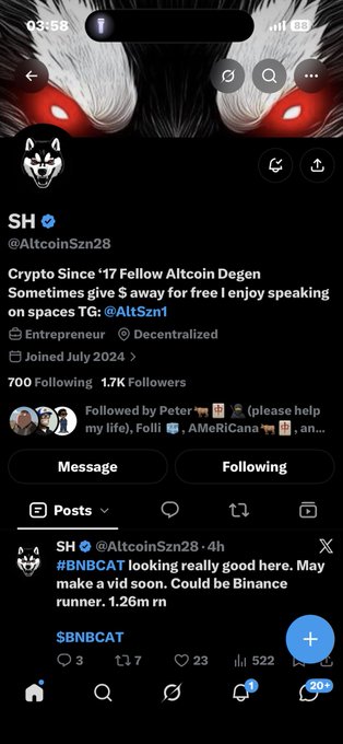 An X/Twitter profile page for 'SH (@AltcoinSzn28)' with a wolf avatar, describing themselves as a 'Crypto Since '17 Follow Altcoin Degen' with 700 Following and 1.7K Followers.