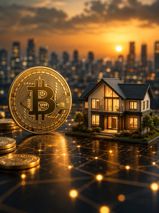 A glowing Bitcoin coin sits beside a modern two-story house on a reflective surface, with a city skyline and sunset in the background, visually representing Michael Saylor's warning against investing 847,000 Bitcoins in real estate. The image symbolizes the contrast between cryptocurrency holdings and traditional homeownership, aligning with the article's theme about Saylor advising against buying a house with Bitcoin assets.