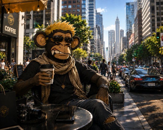 An anthropomorphic monkey with blonde spiky hair and sunglasses sits at a sidewalk coffee shop table holding a cup, with a bustling city street and Empire State Building visible behind him.