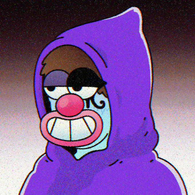 A digital illustration of a cartoon character wearing a purple hoodie with an eye patch, a red clown nose, and a wide grin.