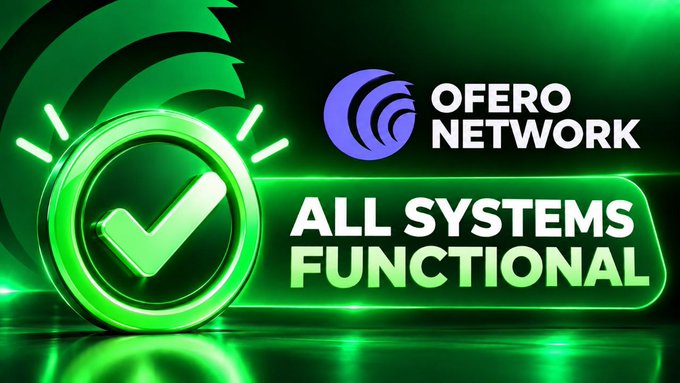 A promotional graphic featuring a green checkmark and the text 'OFERO NETWORK ALL SYSTEMS FUNCTIONAL' against a dark green background.