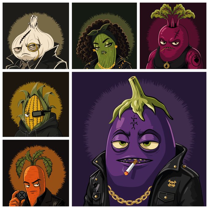 A collection of cartoon-style vegetable/plant character illustrations with tough or edgy expressions, including a garlic, cucumber, beet, corn, carrot, and a large central eggplant smoking a cigarette in a leather jacket.
