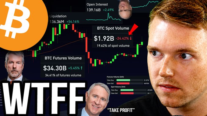 The image shows a YouTube thumbnail featuring a shocked man on the right, with various Bitcoin market data overlaid including a $1.92B BTC Spot Volume (-24.22%), $34.30B BTC Futures Volume (+5.45%), $136.36M Liquidations (+54.16%), and 139.16B Open Interest (+2.49%), alongside a Bitcoin logo and a "TAKE PROFIT" quote. The bold "WTFFF" text and dramatic facial expressions visually emphasize the alarming market crash scenario suggested by the post about a potential "BLACK MONDAY" Bitcoin liquidation trap at the US open.