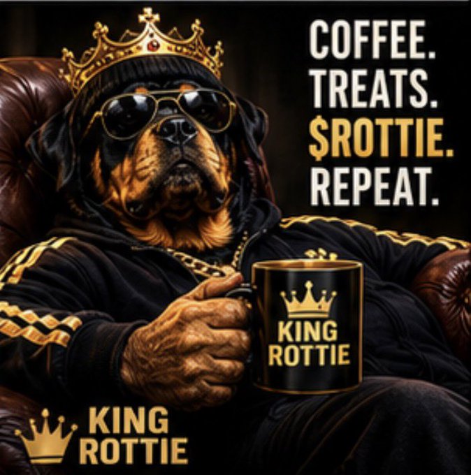 An AI-generated image of a Rottweiler dog wearing a gold crown, sunglasses, and a black and gold tracksuit, sitting in a leather chair and holding a black mug that reads 'KING ROTTIE.' The image includes the text 'COFFEE. TREATS. $ROTTIE. REPEAT.' and 'KING ROTTIE'.