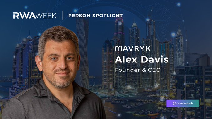A promotional graphic for 'RWAWEEK PERSON SPOTLIGHT' features a man identified as 'MAVRYK Alex Davis, Founder & CEO' against a nighttime city skyline.