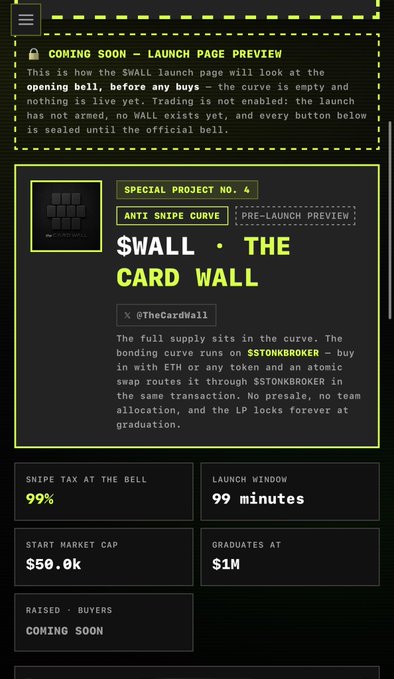 Dark-themed crypto project preview page titled 'SPECIAL PROJECT NO. 4' for '$WALL · THE CARD WALL', detailing metrics like a 99% sniper tax, 99-minute launch window, $50.0k start market cap, and graduation at $1M.