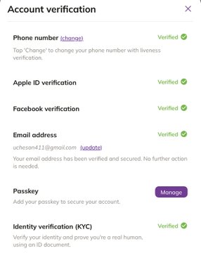 The image shows a Pi Network account verification screen with green "Verified" checkmarks for phone number, Apple ID, Facebook, email (uchenna421@gmail.com), and Identity verification (KYC), along with a "Manage" option for Passkey. It illustrates the post's point about showcasing what a fully verified Pi account should look like, encouraging Pioneers to compare their own verification status.