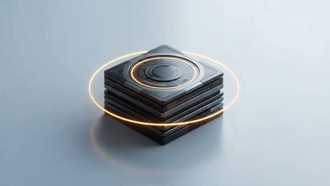 A futuristic dark metallic cube with a circular pattern on top is surrounded by glowing golden rings on a reflective light surface.