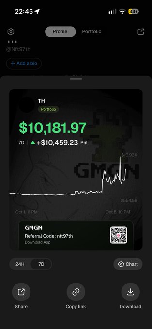 A mobile screenshot of a portfolio showing holdings in ticker 'GMGN' valued at $10,181.97, up +$10,459.23 over 7 days, with the referral code 'ntf97th' and QR code displayed.